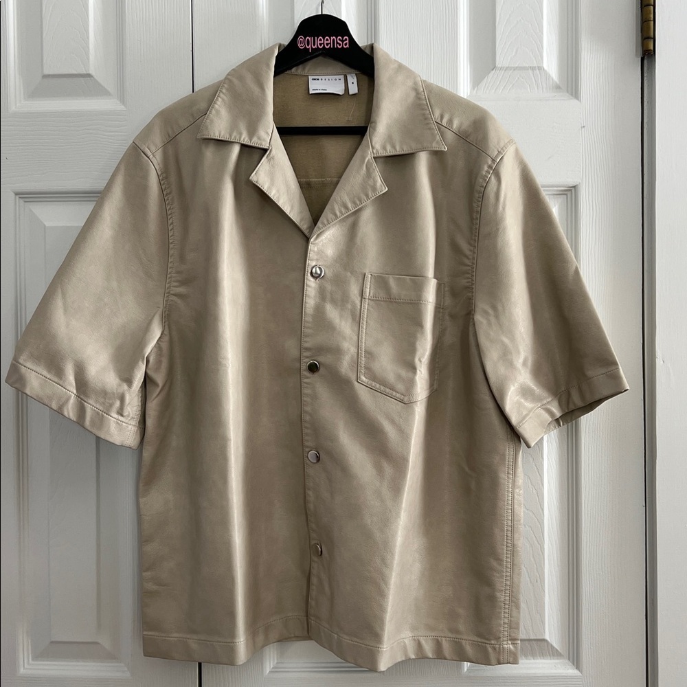 ASOS Design Faux Leather Short Sleeve Boxy Shirt - Beige / Stone